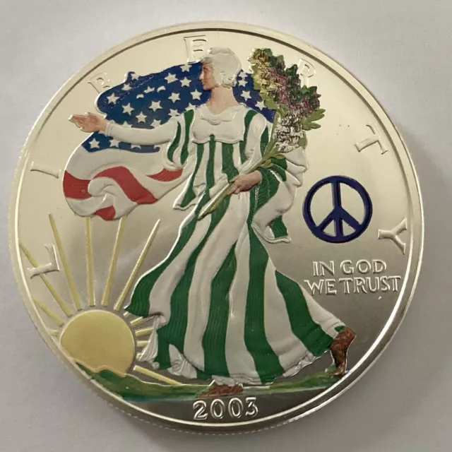 2003 Colourised  Peace Sign Pr American Silver Liberty Eagle $1 One Dollar Coin