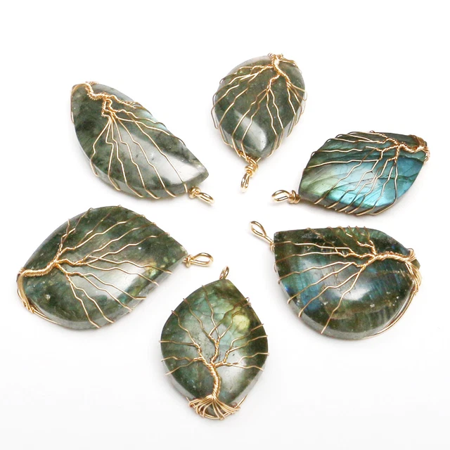 Natural Labradorite Tree Life Reiki Wire Wrapped Quartz Crystal Healing Pendant