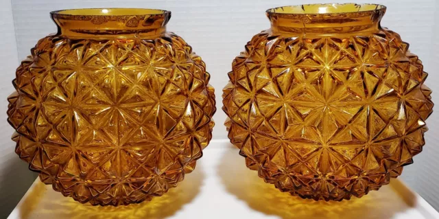 Pair Of Diamond Cut Glass Lamp Globes Amber Shade Pendant Lamp 7" Vintage MCM 2