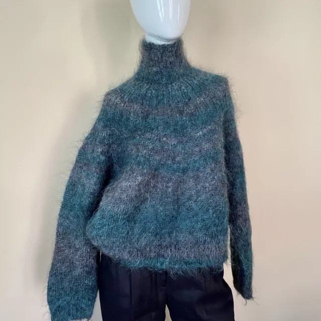 NEW Paul Et Duffier Mohair Wool Green Striped Fuzzy Pullover Sweater size M/L