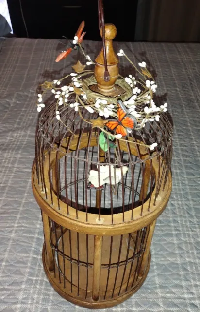 Vintage Wooden Wire Bird Cage Round Tall Wood Spring Loaded Door Chic Decorative