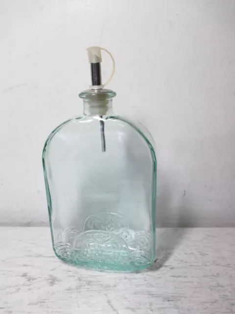 VINTAGE EMBOSSED FLORAL Light Green Glass Bottle Flask Liquor w/ Pourer ...