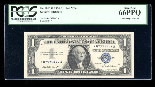 DBR 1957 $1 Silver STAR Gem *A Block Fr. 1619* PCGS 66 PPQ Serial *47979447A