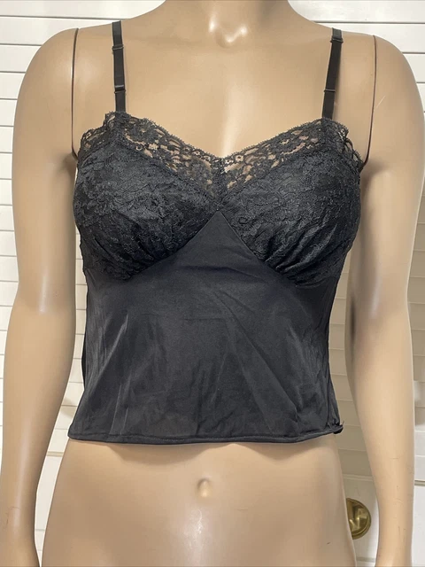 Vtg Vanity Fair Size 32 Black Satin Camisole Top Lace Adjustable Straps Cropped