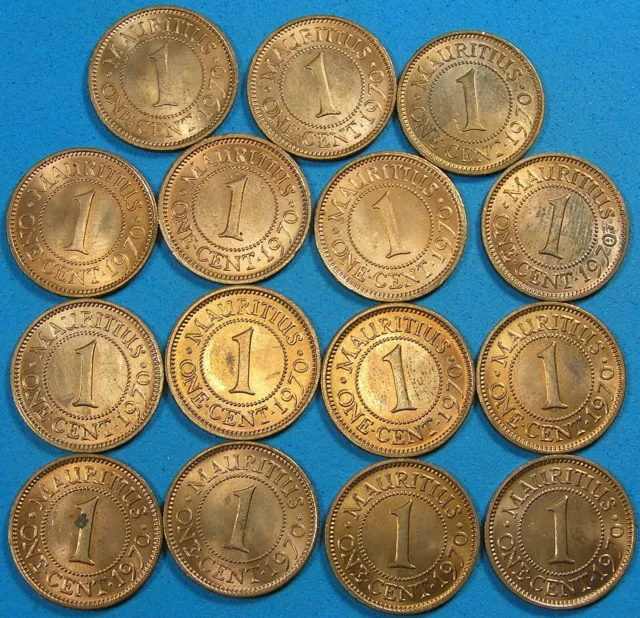 Mauritius Lot of 15 Coins, 1 Cent all dated 1970 UNC RB to BU red color, KM-31