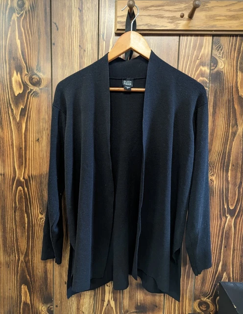 Eileen Fisher Black Italian 100% Wool Open Front Sweater Top Cardigan L