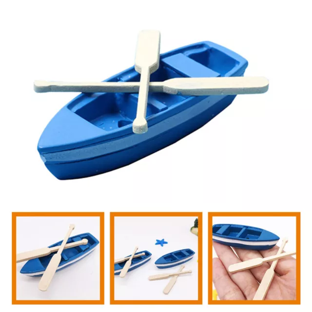 Miniature Blue Rowboat Set with Oars - Nautical Micro Landscape Decoration