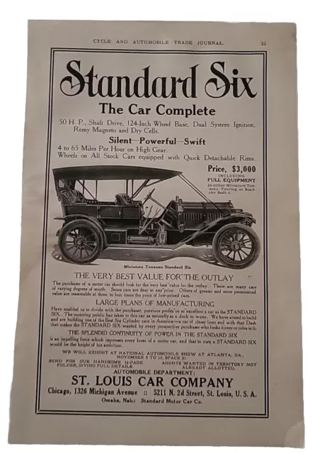 1909 Antique Print Ad 7x10 CAR AUTO Standard Six Automobile Miniature Tonneau