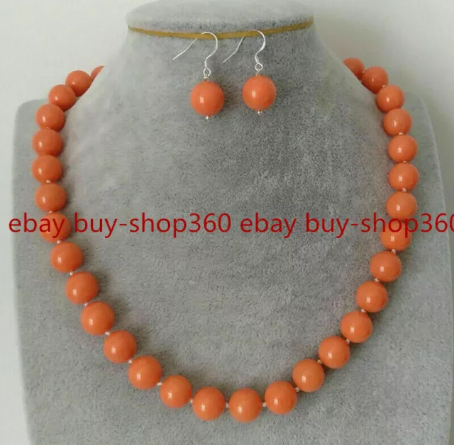 New 12mm Genuine Coral Pink Round South Sea Shell Pearl Necklace Earrings Set