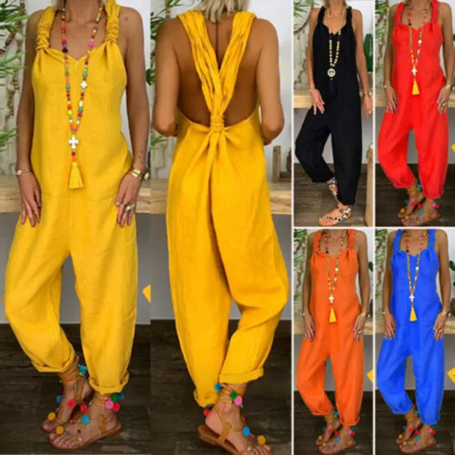 Fashion Ladies Casual Loose Jumpsuit Cotton Dungarees Trousers Overall Playsuit