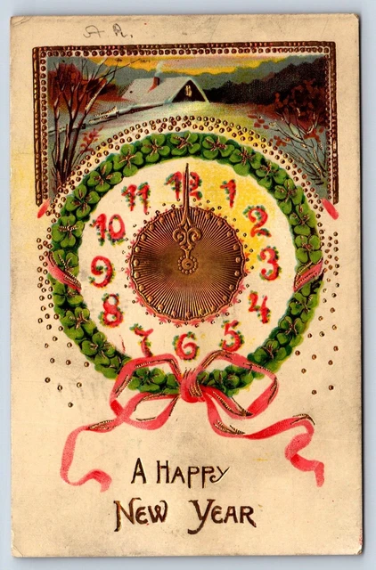 Happy New Year Time Motif Four Leaf Clover Good Luck Gold Gilt Gel Postcard H4