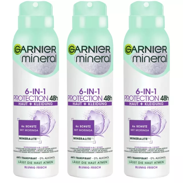 3x 150ml Garnier Mineral Protection 6 Haut & Kleidung 48h Spray Anti Transpirant