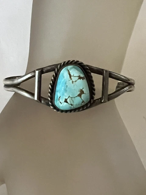 Vintage Old Pawn Navajo Sterling Silver Turquoise Nugget Cuff Bracelet Vintage Old Pawn Navajo Sterling Silver Turquoise Nugget Cuff Bracelet