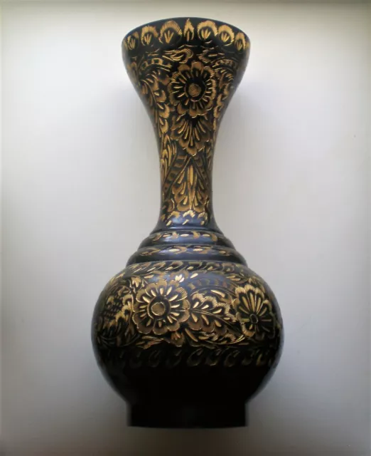 Vintage India Handmade Ornate Floral Damascene Black Gold Etched Brass Vase 8"