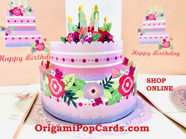 ORIGAMI POP CARDS Giant Birthday Cake in Pink & Purple 3D Pop Up ...