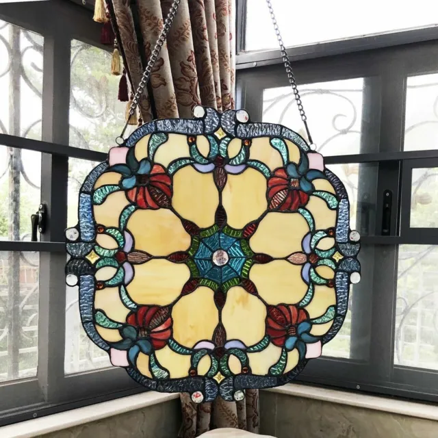 18" W Stained Glass Window Panel Victorian Tiffany Style Round