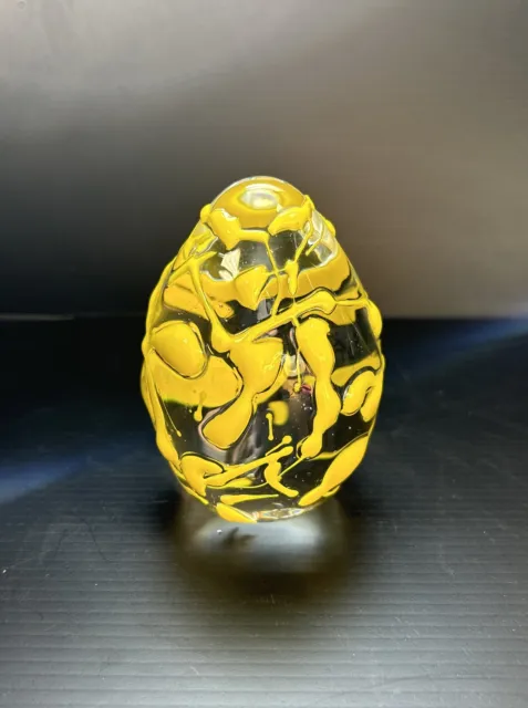 Pier 1 Imports Clear Glass Egg Paperweight with Yellow Drizzled Glass