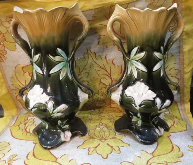 ancienne grande paire de  vase en barbotine epoque 1900 art nouveau signé