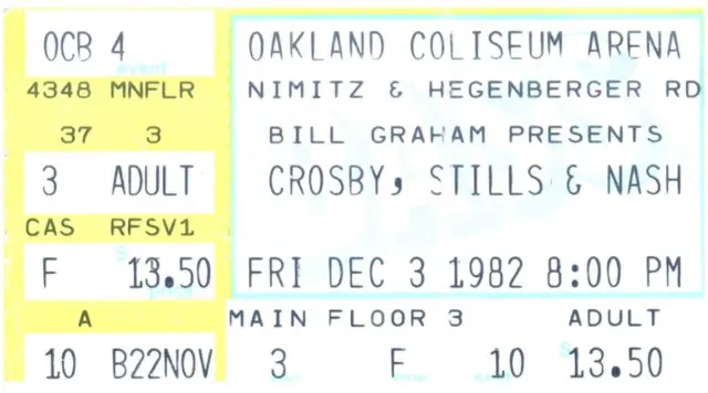 Vintage Crosby Stills & Nash Concerto Ticket Stub Oakland Ca Dicembre 3 1982