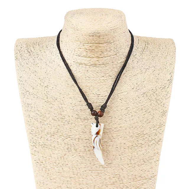 Resin Faux Yak Bone Wolf Tooth Teeth Pendant Adjustable Wax Cotton Cord Necklace