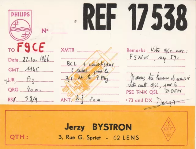 Carte QSL Radio Amateur Opérateur REF 17 538 de J BYSTRON a LENS