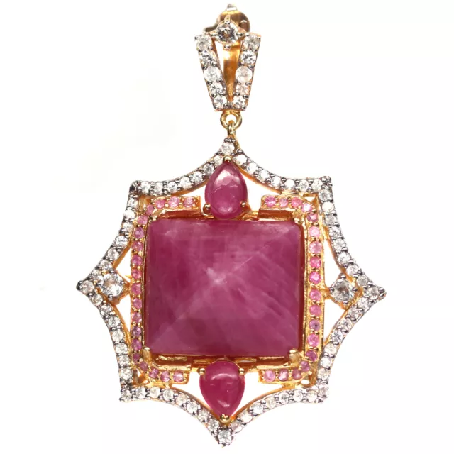 Gmestone 19 X 23 Mm. Rose Rubis Saphir & Zircon Broche 925 Argent Sterling