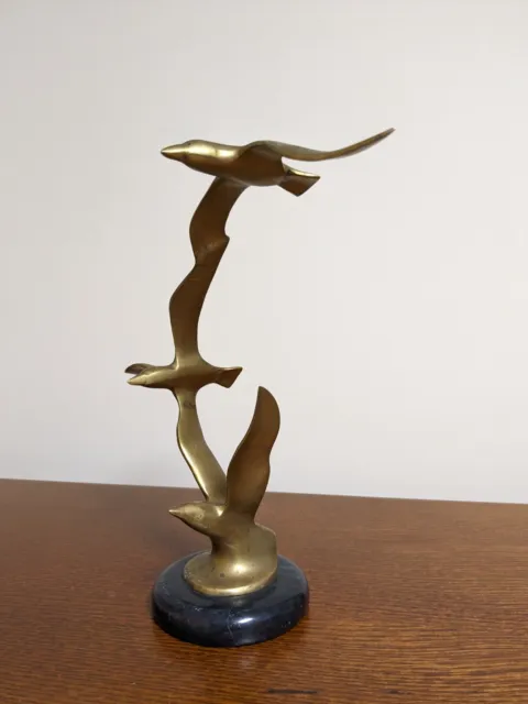 Mid Century Vtg Brass Flying Seagull Birds Sculpture/Statue with Marble Base MCM