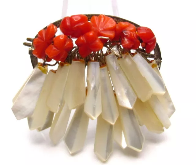 Vintage Carved Coral Mother of Pearl Brooch Pin