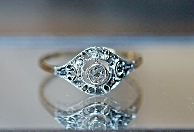 Antique Art Deco 14k Gold Mine Cut Diamonds Pierced Geometric Ring Vienna 8.75us