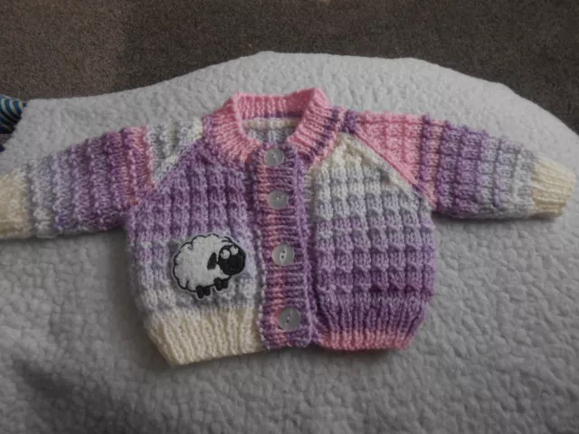 Hand Knitted Pink.lilac * Sheep* cardigan newborn baby girl/reborn 18-19" New..