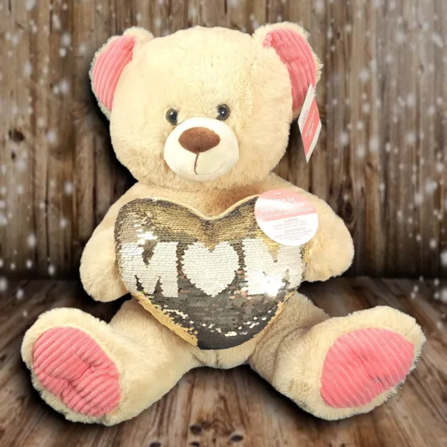 Mothers Day Teddy Bear Gold Sequins Heart 15 Inch Mom Plush Gift New with Tags
