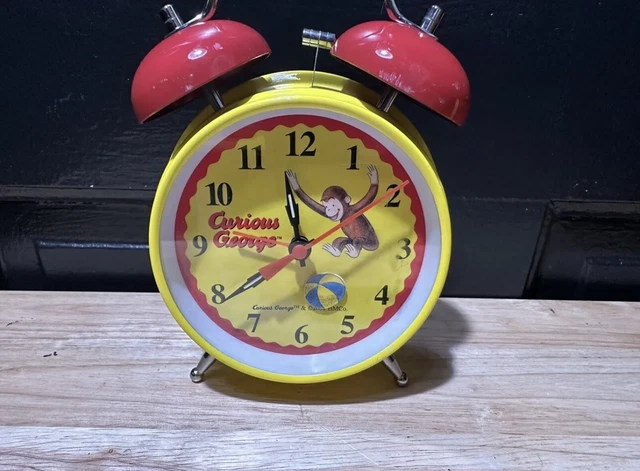 1998 Curious George Yellow Twin Red Bell  Alarm Clock, Schylling