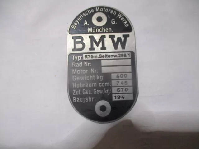 Nameplate BMW R 75 275/750 R75 Wehrmacht Ww 2 2.WK Motorcycle Krad s92