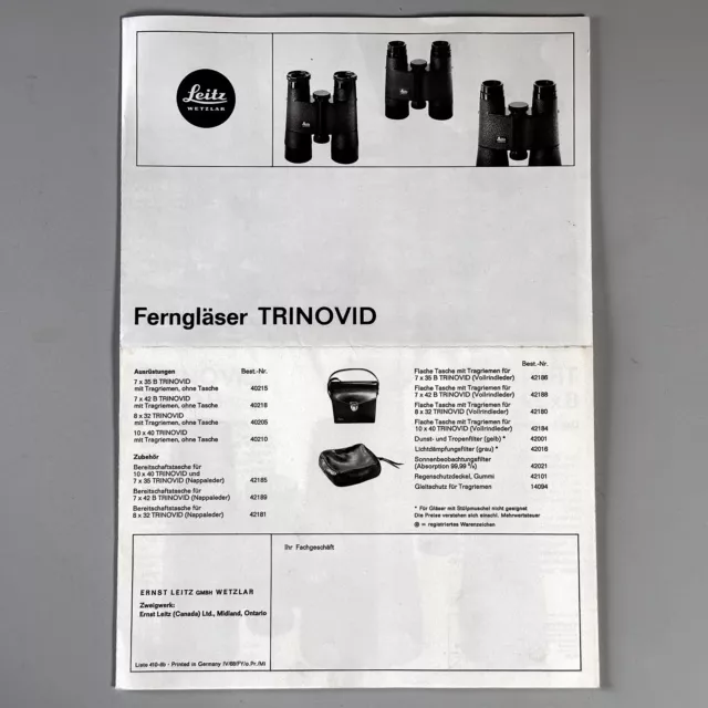 LEITZ LEICA Broschüre Fernglas Ferngläser  TRINOVID aus 1968 7x35 8x32 10x40
