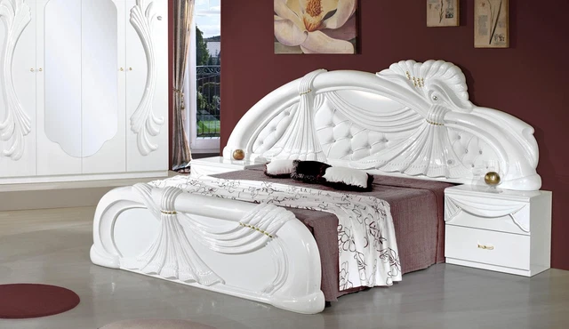 Chambre Lit Table de Chevet Lits Groupe Lit Double Chesterfield Blanc Set 3tlg