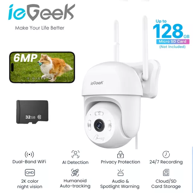 ieGeek 6MP 360° Auto Tracking Outdoor WiFi Security Camera Home CCTV SD Card UK