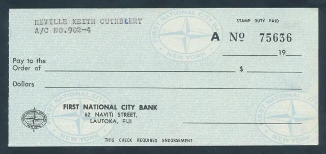 Fiji: USA 1970s First National City Bank SCARCE CHEQUE ON "LAUTOKA" ......