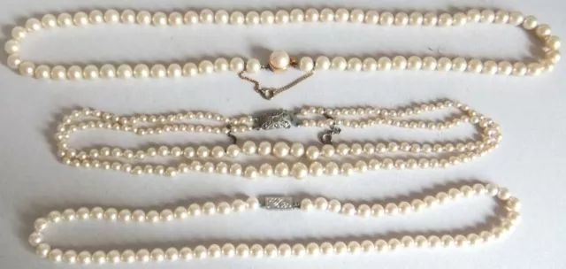 Rare, Vintage Faux Pearl Necklaces, .925 Sterling Silver Clasps - Safety Chains