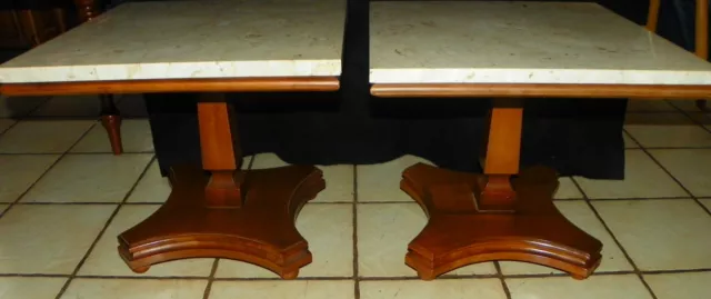 Pair Solid Cherry Mid Century Pedestal End Tables with Marble Tops