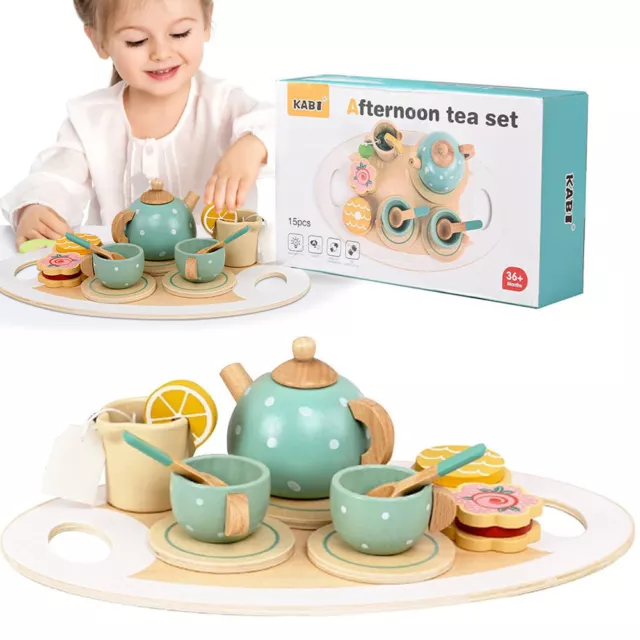 Wooden Tea Set for Toddlers,Kits Wooden Afternoon Tea Party Set Pretend Role Toy