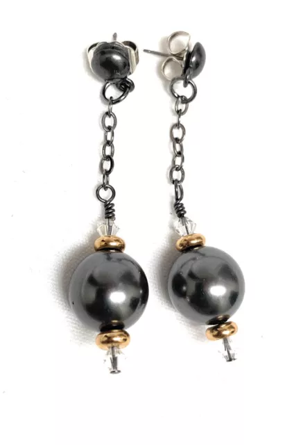 Metallic Gun Metal Ball Drop Dangle Earrings Antique Chain In Post