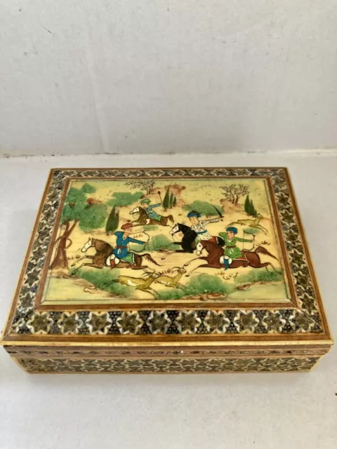 Persian Wooden Inlaid Khatam Marquetry Box Hunting Scene