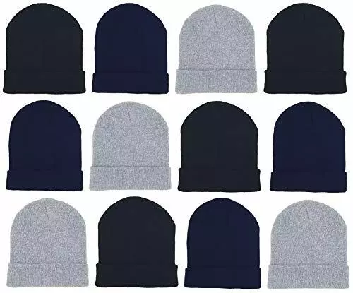 12 Pack Winter Beanie Hats for Men Women, Warm Cozy Knitted Cuffed Cap Bulk Pack