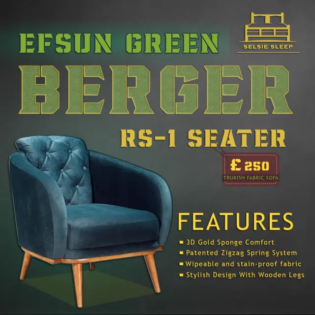 Efsun Green Sofa 1 Seater  Fabric Arm Chair Montana Steel Trusse Turkey Made