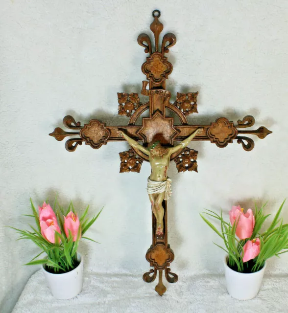 Antique French wood carved neo gothic Crucifix ceramic christ Rare