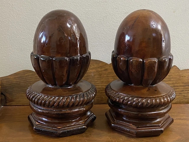 2 Antique Hand Carved NEWEL POST Wood STAIRCASE FINIAL Architectural 8.75" Tall