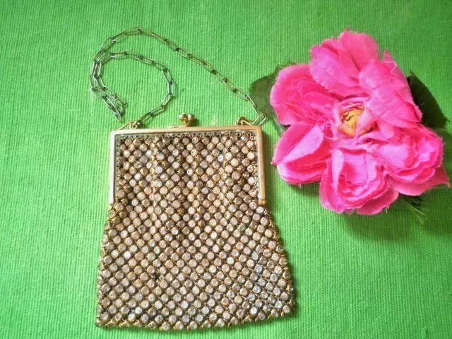 Vintage French Purse Brass Chain Mail Crystals Antique Evening Bag Small France