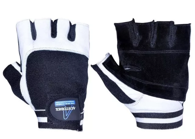 Austodex Weight Lifting Gym Gloves Leather Black & White Slim Men Women S-Xxl
