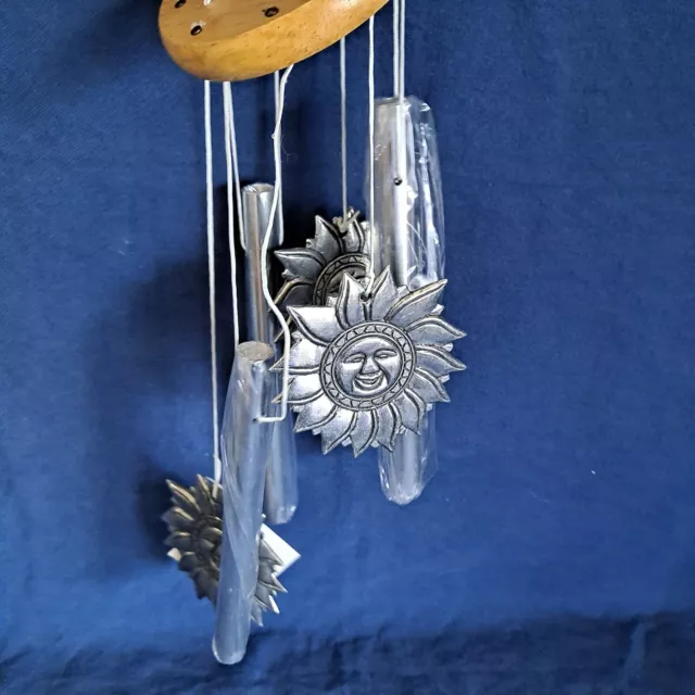 Metal SUN PEWTER WIND CHIME Hanging Wood Decor Windchime Garden Porch Hanger 14"