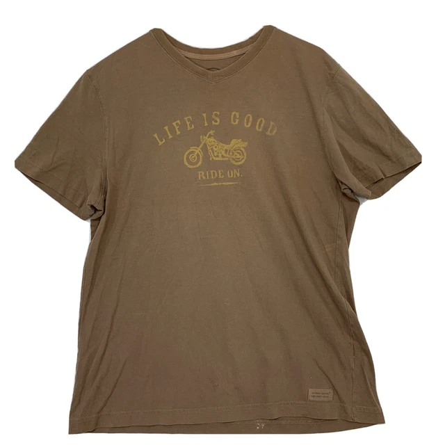Life Is Good Shirt Mens Harley Davidson Motorcycle Short Sleeve Brown V Neck Med
